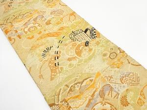 アンティーク　扇に貝桶・御所車模様織り出し丸帯（材料）